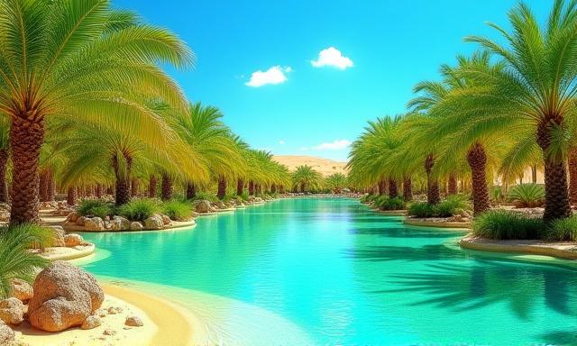 Eine üppige Oase mitten in der Wüste mit Palmen und klarem Wasser, die symbolisch für Oasen-Dramen steht.